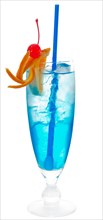 Blue long drink cocktail with orange and cherry garnish and blue straw