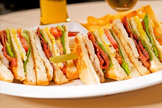 Fresh triple decker club sandwich with french fries on side