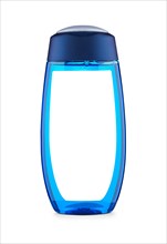 Blue shower bottle with label