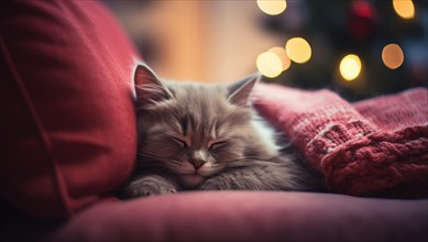 Cute tabby cat sleeping on a red plaid in the living room