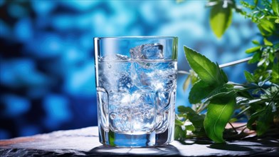 A glass of sparkling water with bubbles on a wooden surface surrounded by fresh leaves under a tranquil