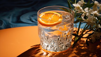 A crystal glass with a beverage and orange slice