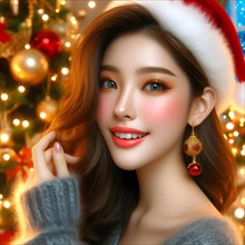 Portrait of a young cheerful woman with red lips and curly hair in a knitted sweater smiles in the background of a Christmas decorated Christmas tree at a holiday in December. AI Generated