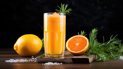 Glass of fresh orange juice with rosemary and lemon on wooden table Ai generated