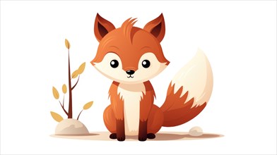 Cute cartoon fox with autumn leaves on white background Ai generated