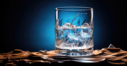 A glass with water and ice cubes is captured mid-splash against a serene blue backdrop Ai generated