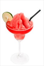 Frozen strawberry margarita daiquiri with lime and black straw isolated on white background