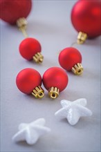 Red Christmas baubles and white stars