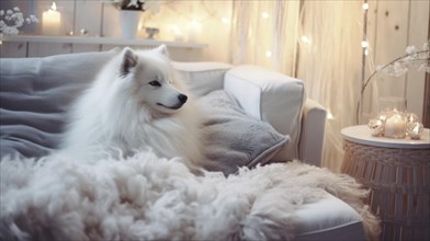 Cute Pomeranian dog on sofa in room decorated for Christmas Ai generated