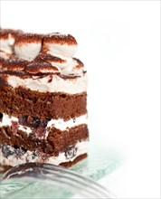 Fresh whipped cream dessert cake slice with cocoa powder on top