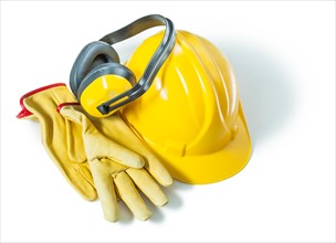 Earphones helmet and construction gloves isolated on white background