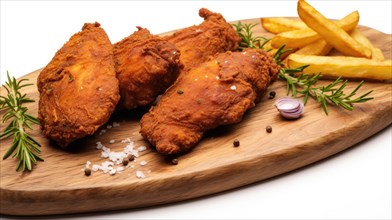 Fried chicken wings with french fries and rosemary on wooden board. Ai generated