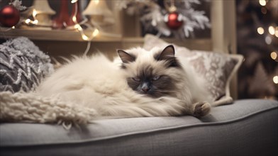 Cute cat sleeping on sofa in living room at Christmas time Ai generated