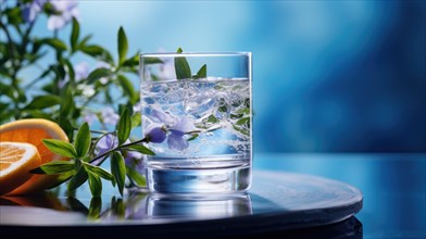 A serene setting with a glass of water filled with ice