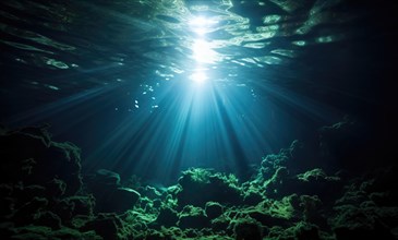 Underwater view of coral reef with sun rays shining through water surface Ai generated