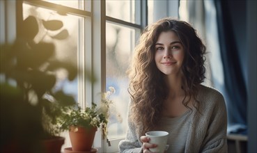 Beautiful woman stand near the window and smile Ai generated