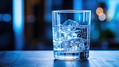 A clear glass filled with ice cubes and water on a wooden table