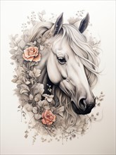 A detailed illustration of a horse surrounded by roses and various flowers