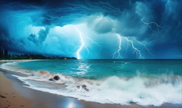 Lightning strikes the shore of the sea at night. Nature background Ai generated
