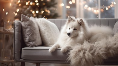 Cute Pomeranian dog on sofa in room decorated for Christmas Ai generated