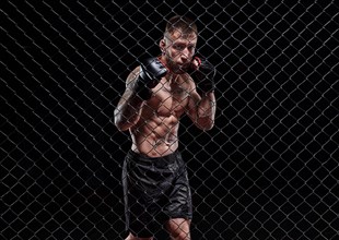 Dramatic image of a mixed martial arts fighter standing in an octagon cage. The concept of sports