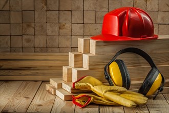 Construction tools leather gloves earphones and red helmet on wooden background