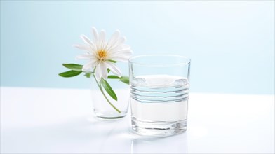 A single white flower in a clear glass beside a glass of water on a white surface