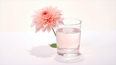 A pink dahlia flower resting on a glass of water set against a white backdrop