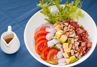 Fresh classic caesar salad over blue tablecloth close up