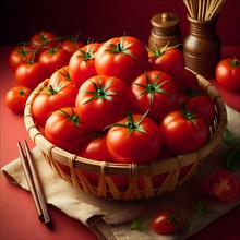 Organic vegetable tomatoes in a bamboo made basket. AI generated