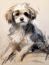 Illustration of a small dog with a warm and expressive color palette