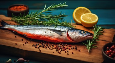 Fresh raw rainbow trout fish on ice with ingredients for cooking on dark background. Ai generated