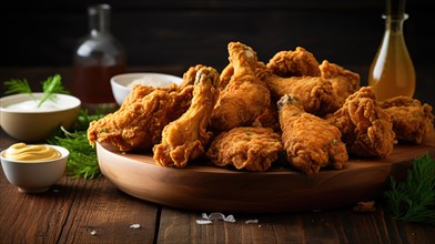 Fried chicken wings with sauce and herbs on a wooden background. Ai generated