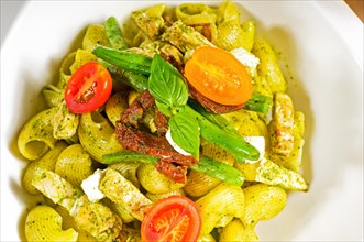 Fresh lumaconi pasta and pesto sauce with vegetables and sundried tomatoes