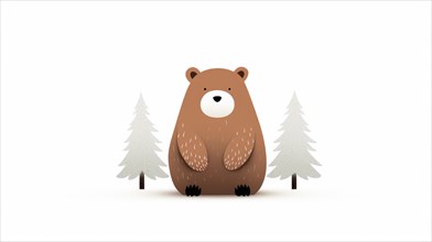 Cartoon illustration of a cute bear standing between two stylized trees on a white background Ai generated