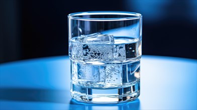 A clear glass with water and an ice cube on a reflective surface under blue lighting Ai generated