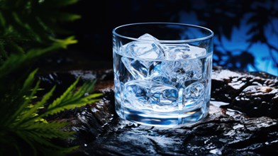 A glass filled with ice cubes sits on a wet surface surrounded by lush green fern leaves Ai generated