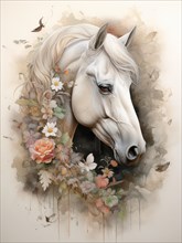 A serene and elegant painting of a white horse surrounded by pastel-colored flowers and soft