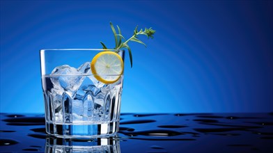Ice cubes with lemon and rosemary in a glass on blue background Ai generated
