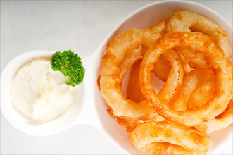 Golden deep fried onion rings and vegetables