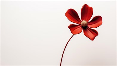 A single elegant red flower stands against a neutral backdrop