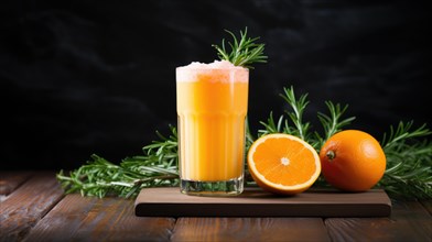 Fresh orange juice with ice and rosemary on a wooden background Ai generated