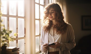 Beautiful woman stand near the window and read a book Ai generated