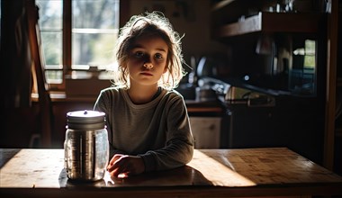 Little girl sitting at the table in the kitchen. Selective focus. Girl 5-7 years old. Empty glass jar on the table. Morning light Ai generated