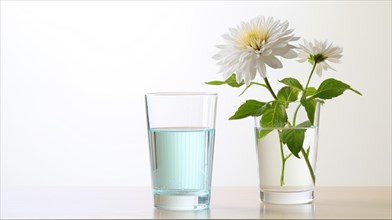 A clear glass of water next to a vase holding white flowers against a light backdrop