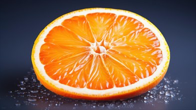 Slice of fresh orange with water drops on a dark background Ai generated