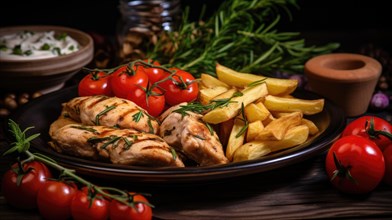 Grilled chicken fillet with potatoes and vegetables on a plate. Selective focus. Ai generated