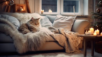 Cute cat sleeping on sofa in living room at christmas time Ai generated