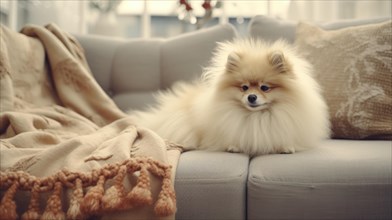 Cute Pomeranian dog on sofa in room decorated for Christmas Ai generated
