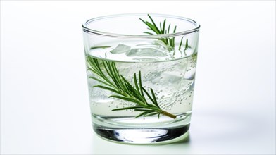 A clear glass of water with a sprig of rosemary inside
